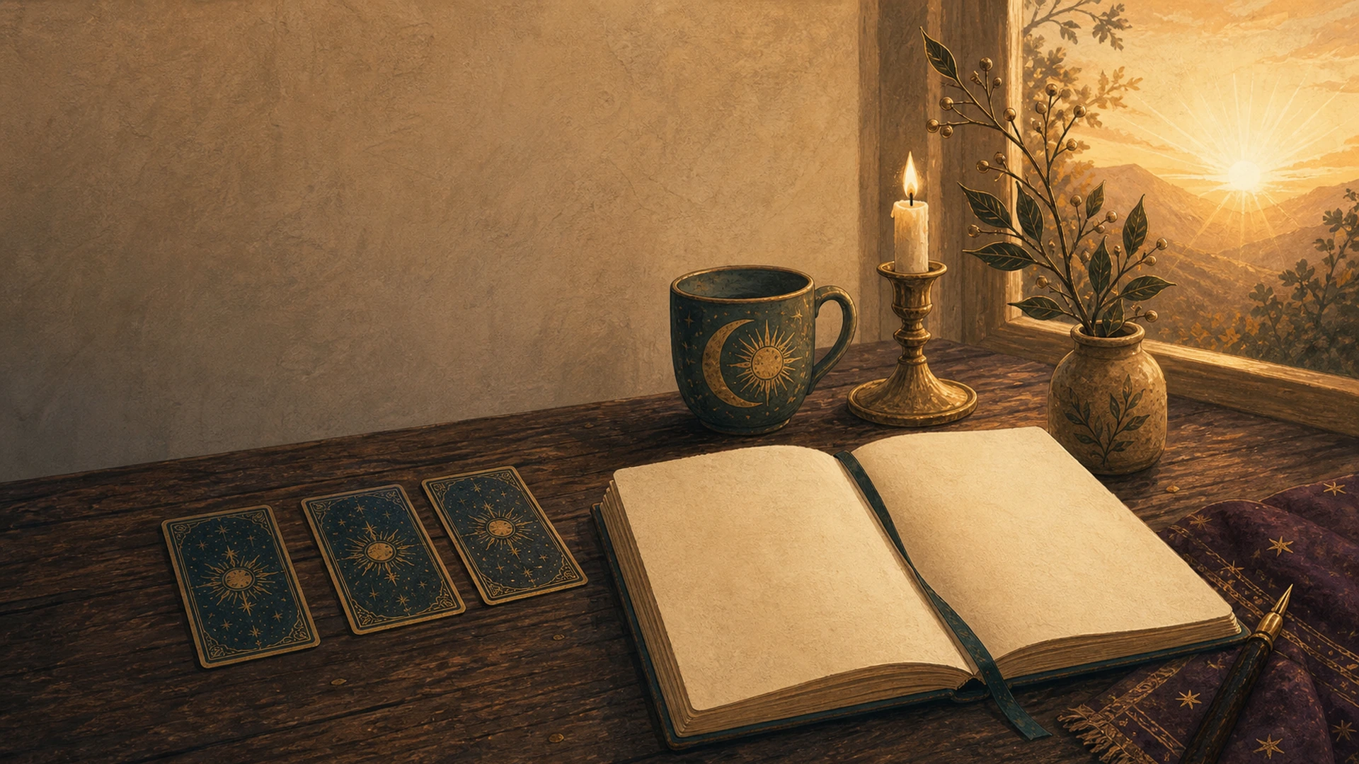 Morning writing desk with an open journal and face-down tarot cards