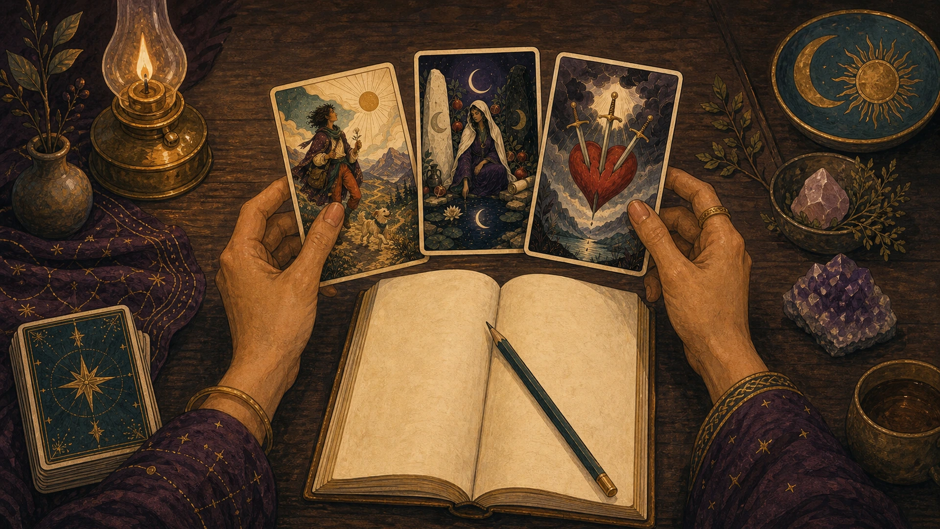 Hands comparing tarot cards beside a notebook and small lamp