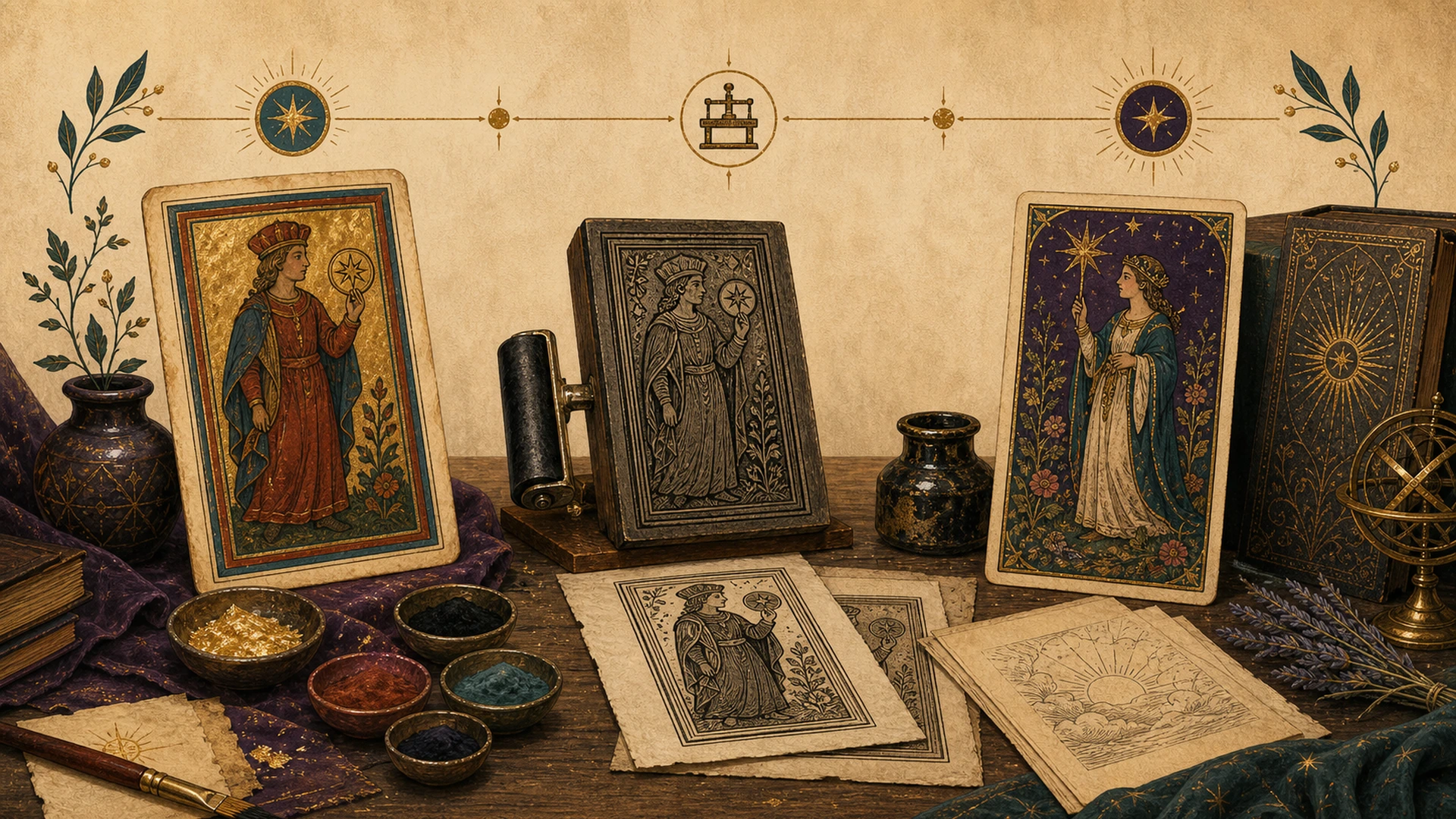 Museum-style tarot history timeline with painted cards and printing tools