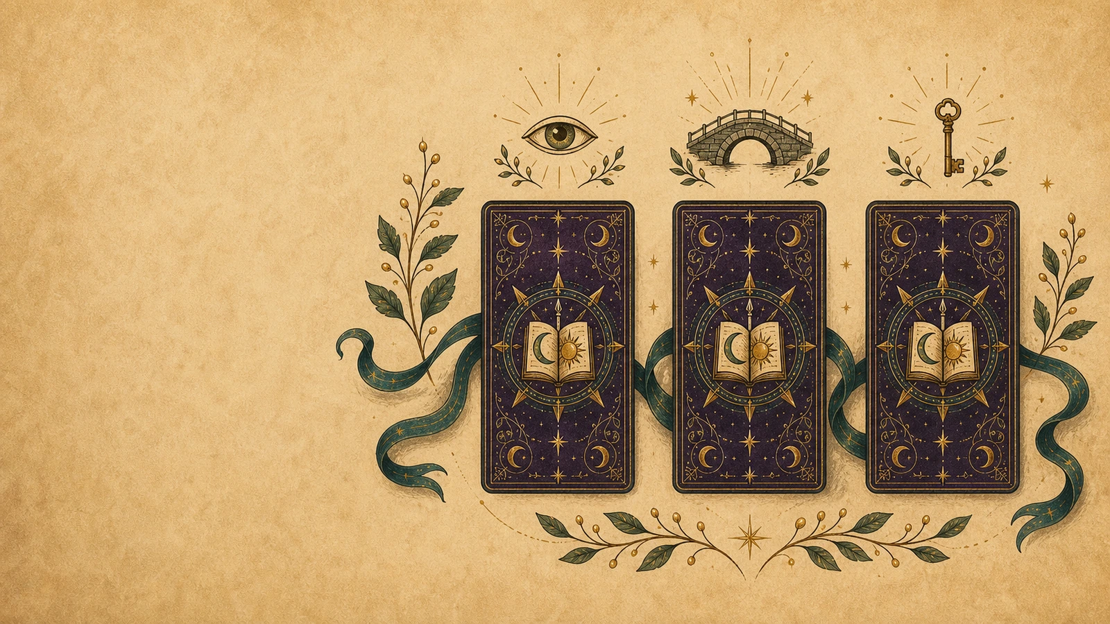 Three face-down tarot cards linked by symbolic spread elements